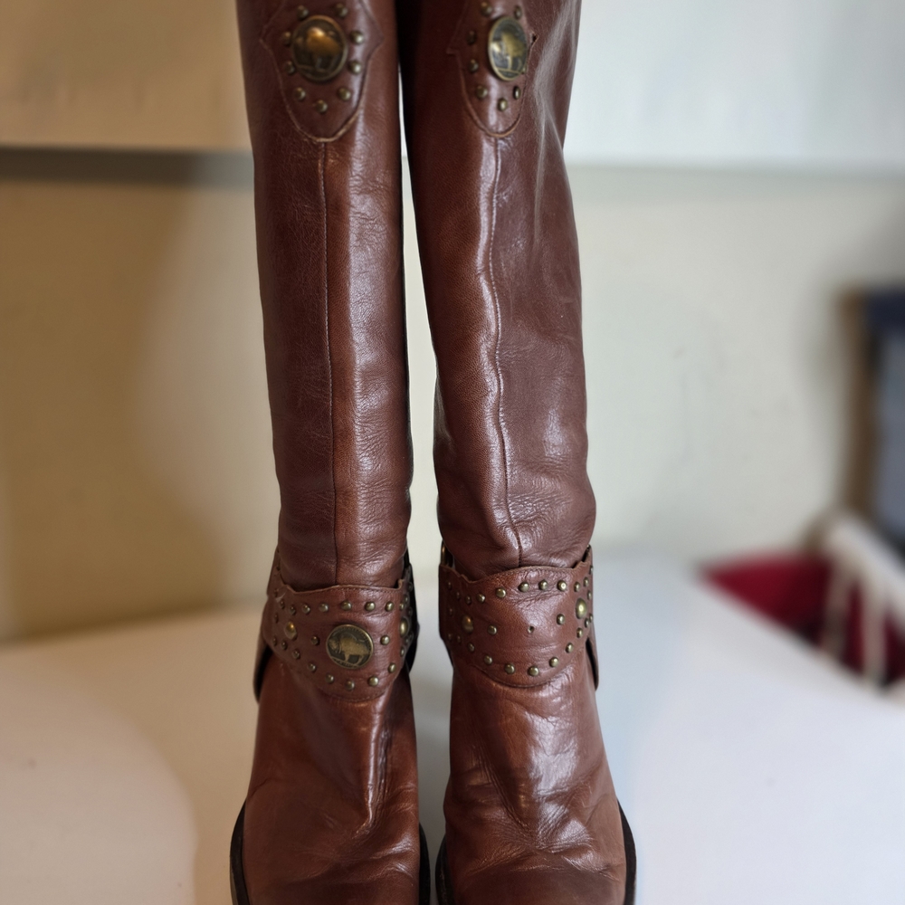 ANTONIO MELANI Brown Leather Studded Knee-High Heeled Boots with Medallion